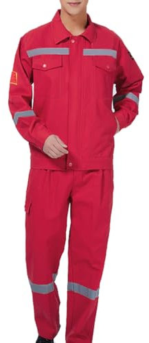 TOVCHEI Combinaisons Pour Hommes, Salopette De Travail En Coton À Manches Longues Pour Femmes, Combinaison De Travail Avec Bande Réfléchissante, Veste Et Pantalon,Rouge,XL