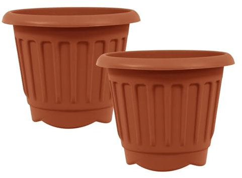 simpa Round Chunky Terracotta Plastic Indoor or Outdoor Planters - Set of 2 Pots 30cm