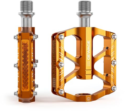 Mountain Bike Pedals - 3 Bearings Bicycle Pedals with Reflectors - 9/16” CNC Machined Flat Pedals with Removable Anti-Skid Nails for Road Mountain BMX MTB Bike (Gold)
