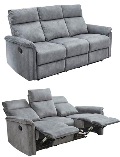 luma-Home 15128/ Dreisitzer-Sofa mit hochwertiger Federkernpolsterung, Grau | B180/T90/H100 cm, verstellbare 3er Couch durch praktische halbautomatische Relaxfunktion, Bezug Velours Vintage