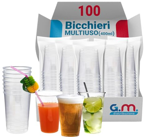 G.M. DISTRIBUZIONE 100 Bicchieri da 400 Ml Trasparente in PP Riutizzabile, Lavabili, per Cocktail, Birra, Granite, Frappe, Bicchieri Multiuso per Bar e Lounge Bar