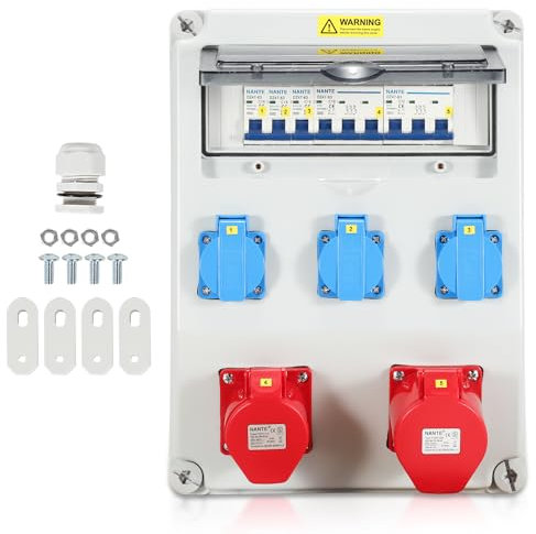 Joparri Distributore di corrente da costruzion, distributore di corrente a 5 poli, 3 prese Schuko e presa CEE 16/32 A, distribuzione di corrente per cantieri,