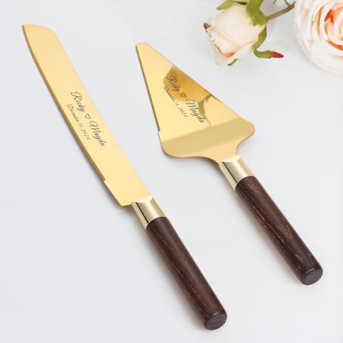 Tortenheber inkl. Tortenmesser im Set mit Persönlicher Gravur, Personalisierte Kuchenheber, Edelstahl Tortenschneider Kuchen Besteck als Geschenk zur Hochzeit, Jahrestag, Geburtstag (Gold Walnuss)