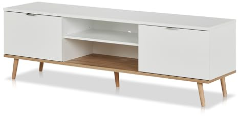 KHG TV-Lowboard 2-türig & 2 FächerScandi, TV-Bank aus Holzwerkstoff weiß | TV-Bank aus Holzwerkstoff weiß foliert fürs Wohnzimmer, 35 kg belastbar, 160x50x40 cm (B/H/T), Tür, für Esszimmer
