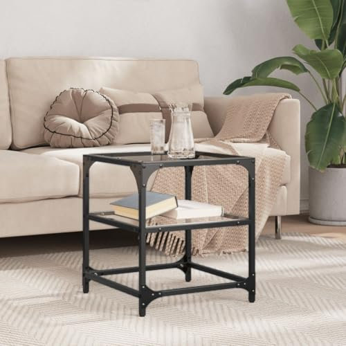Baziroo Couchtisch mit Glasplatte 40x40x45 cm Satztisch Sofatisch Beistelltisch Wohnzimmertisch Kleiner Wartebereich Tisch Telefontisch Holzwerkstoffe und Stahl und Glas Transparentes Glas