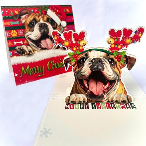 Englische Bulldogge Weihnachten Pop Up Karte - 3D Urlaub Grußkarte mit Bulldogge mit festlichem Rentiergeweih, perfekt für Hundeliebhaber, einzigartige Weihnachtsgeschenkkarte für Freunde und Familie