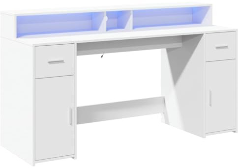 vidaXL Schreibtisch, Computertisch mit LED-Leuchten, Arbeitstisch mit Stauraum, Laptoptisch Gaming Tisch PC Tisch, Weiß Holzwerkstoff