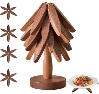 Wooden Trivets for Hot Dishes,Tree Shape Trivet Set, 4 Hot Dishes Plates + 1 Stand,Natural Collapsible Kitchen Wooden Hot Dishes for Pots, Pans, Bowls, Tea Kettles, Fondue Holders