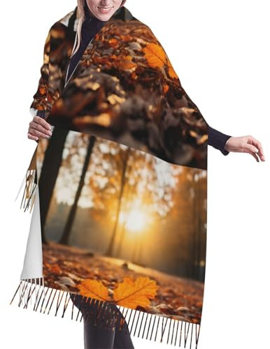 BREAUX Kaschmir-Schal mit bunten Blättern, Fransen, leichter Schal, Herbst und Winter, modischer Quastenschal, Schwarz, Einheitsgröße, Schwarz , One size