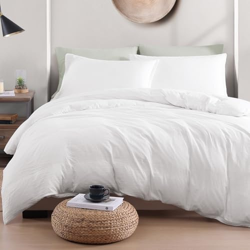 LANE LINEN 4-Piece Double Bedding Set - Pre-Washed Microfiber Duvet Cover, Fitted Sheet, and Pillowcase – Cozy and Durable (White)
