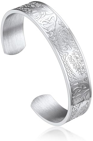 Bandmax Wikinger Armband Herren Offenes Armband Edelstahl Männer Armband mit Runen/Wolf/Lebensbaum/Mjölnir Armreif Armspange Manschettenarmband Accessoires Schmuck für Ehemann Freund