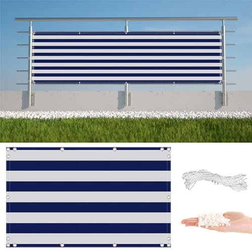 Balkon Sichtschutz 3m x 6m UV Schutz Wetterbeständig Wasserdicht Sichtschutz für Garten Schattennetz für Outdoor Wohnung Blau Streifen Inklusive Seil und Kabelbinder