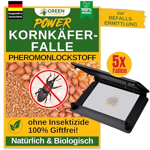 GREEN GUARDIA Kornkäfer Falle mit Pheromon-Lockstoff - 5X Fallen - umweltfreundlich Kornkäfer bekämpfen, Chemiefreie Pheromonfalle mit austauschbaren Klebeflächen, giftfrei und geruchsneutral