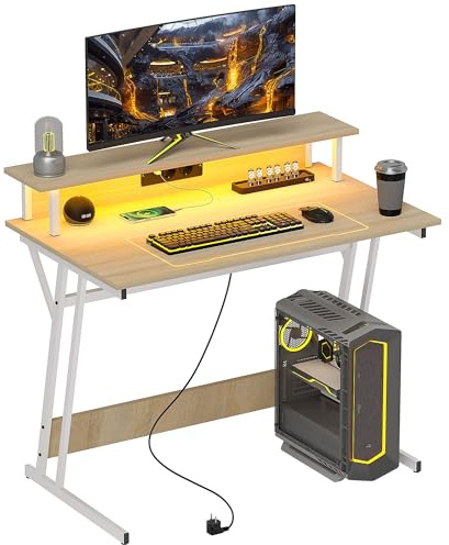 HOMCOM Mesa Gaming con Luces LED, Tomas de Corriente, 100x60 cm Natural