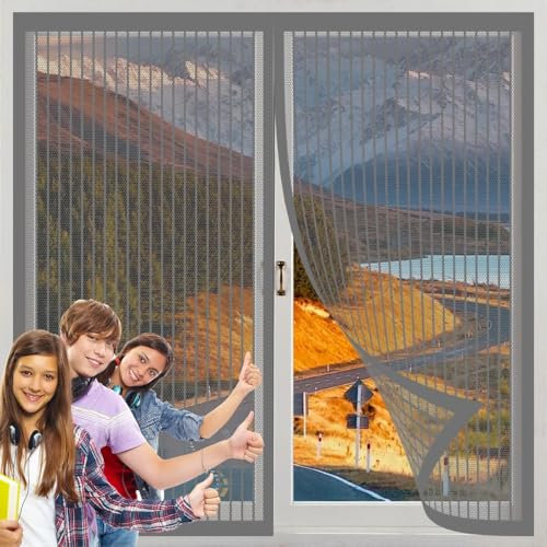Magnet Wärmeschutzvorhang 74 x 40 cm, Stärkere Magneten, Klebemontage Ohne Bohren, Moskitonetz Tür Curtain, Mückennetz Vorhang, Terrassentür Moskitonetz, für Alle Türen Und Fenster, Grau
