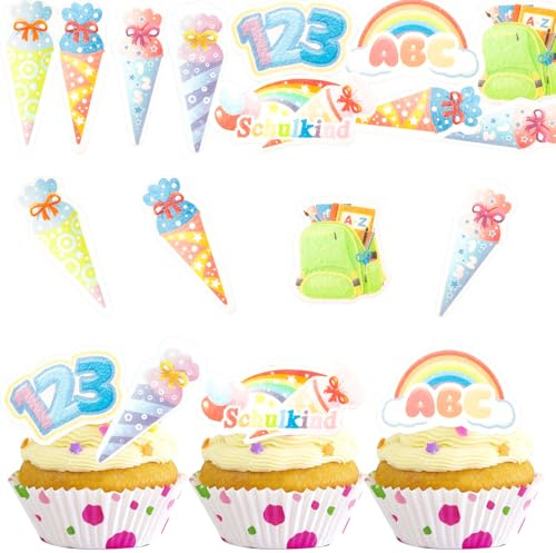 ENLACE Esspapier Schulkind Tortendeko Einschulung Kuchen Deko Essbar,48 Stk | Cupcake Topper Einschulung Mädchen Junge,Essbare Tortendeko Schulkind,Kuchendeko Schulanfang Zuckertüte ABC 123 Muffin Deko