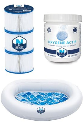 NetSpa Pack Entretien Spa Gonflable, 3 Cartouches Filtrantes + 20 Pastilles Oxygène Actif + Appui-tête/Porte-gobelet
