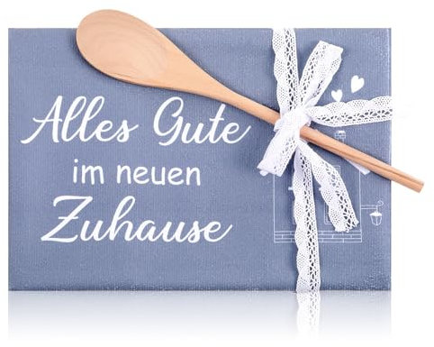 Xuniea Geschenkidee zum Einzug Geschirrtuch mit Spruch Neuen Zuhause Geschirrtuch zum Einzug Kochlöffel aus Holz Geschenke für Umzug Neues Zuhause Wohnung Geschenk(Alles Gute)