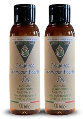 phy to pet | Shampoo Professionale Lenitivo per Cani e Gatti - Trattamento Dermopurificante per Pelle Irritata o Sensibile - Formulato con Aloe Vera e Olio Essenziali - Due Confezioni da 100 ml