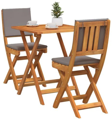 vidaXL Bistroset med kudde 3 pcs Olivenatur Massivt Akaciaträ, Trädgård och Terass, Modern Utemöbelset för Utomhusmat, Kompakt Fällbord och Stolar för Avkoppling