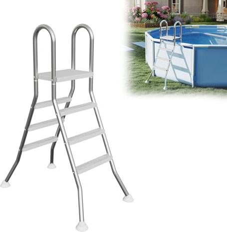 YRHome Edelstahl Poolleiter 3-Stufen (165 cm Hoch) mit rutschfesten Trittflächen & Gummifüßen - Sicherheitsleiter für Aufstellpools 1,2-1,6 m - Inkl. Montagezubehör