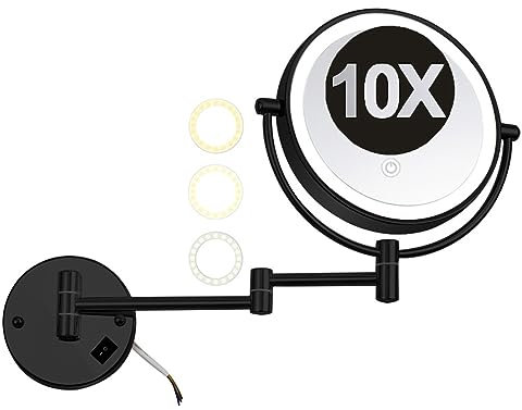 Specchio da trucco illuminato a LED da 20,3 cm, in ottone, doppio lato, allungabile, ingrandimento 10x, girevole a 360°, dimmerabile in 3 colori, perfetto per bagno e toilette.