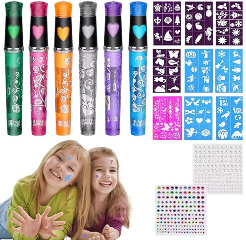 Penne per pittura per il viso, pennarelli per pittura per il corpo, Pastelli per trucco per viso e corpo a 6 colori a base d'acqua con 9 stencil, Pastelli per trucco per e
