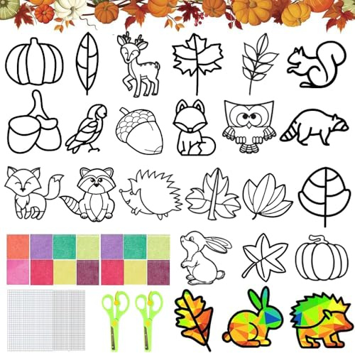 TUIBEIDAMAI 24 Stück Fensterbilder Herbst Basteln, Herbst Bastelset Kinder, Herbstdeko Fenster Basteln, mit 24 Fensterbilder, groß PET-Aufkleber, Konfetti, Bastelvorlagen Herbst Fenster