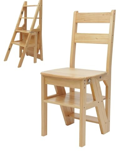 Taburete plegable de madera, 2 en 1, con cierres seguros, guante de protección, silla de escalera multifuncional para dormitorio, oficina, apartamento, cocina