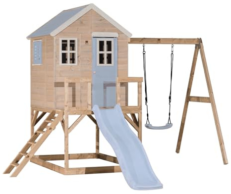 Wendi Toys M24PB stylhus med rutschkana och gunga – lektorn för barn, utomhus, trädgård av FSC-trä, piedesthöjd 90 cm, 330 × 350 × 242 cm, med 175 cm rutschkana och sandlåda, väderbeständig