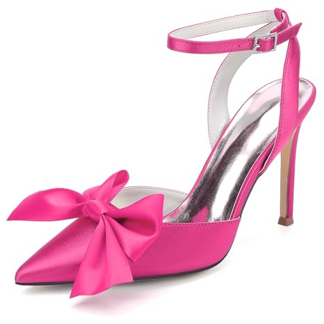 HFWXYSA Scarpe con tacco da donna, a punta, chiuse, sexy, con cinturino alla caviglia, tacco alto, in raso, per matrimoni, serate, balli studenteschi, Fucsia, 40 EU