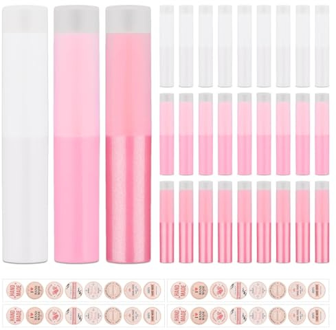 Ktxaby 30 st tomma läppbalsamrör med dekorativa klistermärken, 4 g påfyllningsbara läppbalsambehållare, vridbara läppstift, läppbalsam och solid parfym (rosa färg)