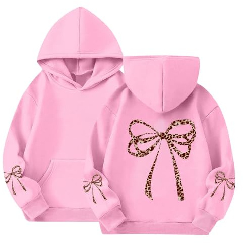 Mjjsk Huvtröjor för flickor trendig rosett grafisk tröja med huva barn vardaglig snygg huvtröja jumper långärmad Preppy söt pullover toppar, Rosa, 3-4 Years