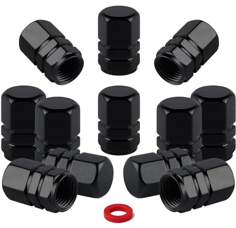Pack de 10 Tapones para Rueda de Coche de Aluminio Negro + 2 de Regalo | Tapón Universal de Válvula para Moto, Bicicleta o Patinete | Anillo Sellador Antifugas | Diseño Elegante y Alta Resistencia