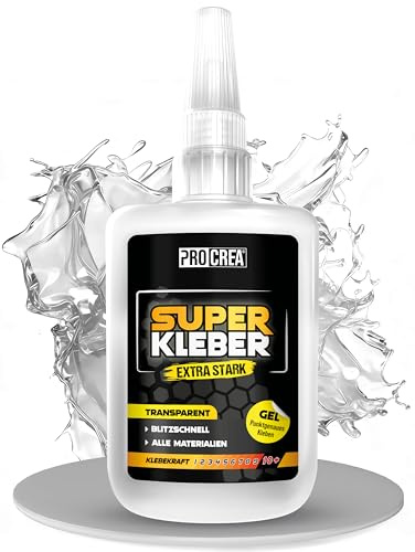 PROCREA® Superkleber (100g) Extra Stark [mit Anti-Austrocknungs-Spitze] Sekundenkleber, Alleskleber, Schnellkleber für alle Materialien - Transparent und wasserfest für Haushalt & Reparaturen