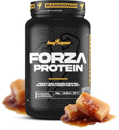 BigMan | Forza Protein 1kg | Proteína 80% | Aislado proteína Soja + Concentrado proteína Whey | Creatina | Alto Contenido en Proteínas y Recuperador (Caramelo salado)