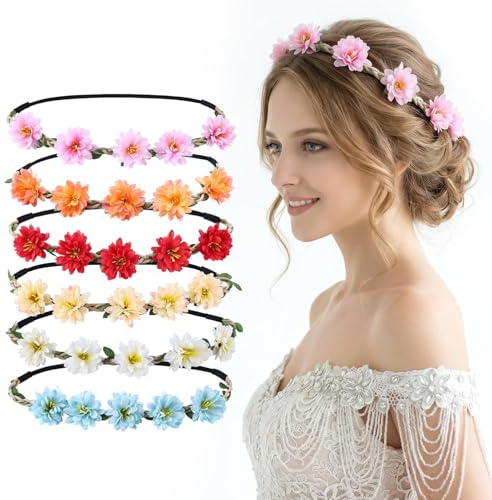 Blumenkranz Haare 6 Stück, Boho Blumen Stirnband Elastisch, Haarband mit Simulationsblumen, Haarschmuck für Hochzeit, Sommer, Strand, Blumenmädchen (A)
