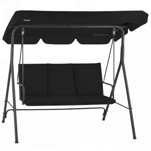 HinHocker 3-sits gungstol med soltak | svart | maximal belastning 250 kg | gungstol, gungbänk för utomhusbruk | trädgårdsgunga gungstol | mjuk gunga