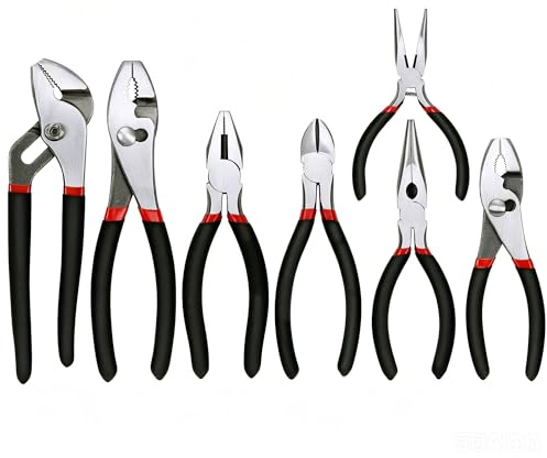 FASTPRO 7-piece Utility Pliers Set, Includes Slip Joint, Long Nose, Diagonal, Groove Joint, Linesman, and Mini Long Nose Pliers, Dipped Handle