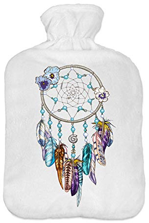 Wärmflasche mit Pullover Bezug 2 Liter Bettflasche mit schönen Fleece-Druck Bezug Gummi Wärmflasche mit Deckel Traumfänger [092]