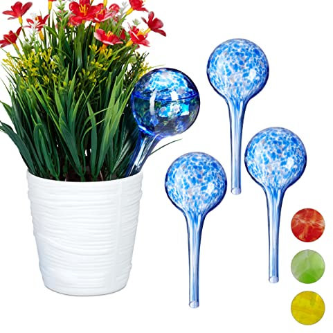 Relaxdays Set di 4 sfere per irrigazione dosate per piante e fiori, per ufficio, vacanze, diametro 6 cm, vetro, blu