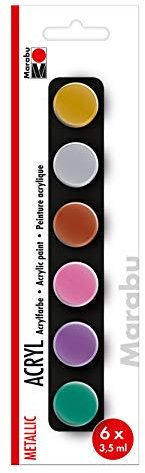 Marabu 1210000000205 - Einsteigerset Acrylfarben Metallic, 6 Farben in 3,5 ml Näpfchen, auf Wasserbasis, wasserfest und lichtbeständig, schnelltrocknend für Keilrahmen, Papier, Pappe, Holz
