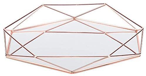 Ymiko Schmuckorganisator mit Spiegel Roségold metallisch beschichtet geometrische Form rutschfeste Unterlage für Schmuckdisplay, Make-up-Bereich, Badezimmerdeko, Geschenkidee, Hochzeitsdekoration