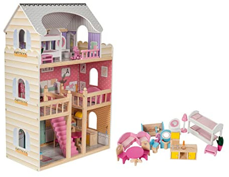 mamabrum Casa delle Bambole in Legno XXL – 3 Piani con LED e Mobili Inclusi – Casa Bambole 90x60x30 cm – Design Pastello Sicuro ed Educativo – Giocattolo per Bambine dai 3 Anni