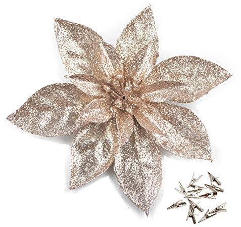 GL-Turelfies - Lot de 12 fleurs de Noël pailletées (16 cm) avec 12 clips en forme d'étoile de Noël artificielle, décorations florales pour arbre de Noël (champagne)