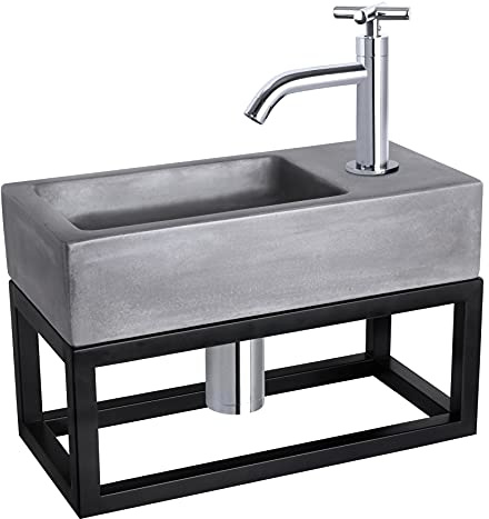 Differnz Ravo Waschbecken mit Handtuchhalter - Waschtisch Dunkelgrau Beton - Gebogener Wasserhahn mit Kreuzgriff Chrom - Komplettset - 38,5 x 18,5 x 9 cm