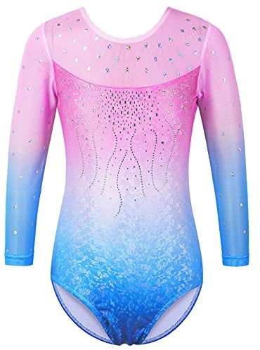 ZNYUNE Mädchen Gymnastikanzug mit Pailletten | Kinder Gymnastik Trikot 3/4 Hülse in Tüll