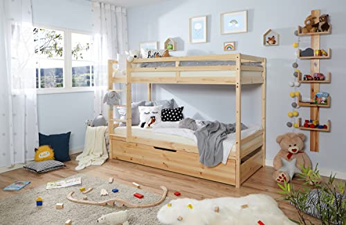 TiCAA Etagenbett, Kinderbett, Stockbett Funktionsbett für Kinder mit Treppe & Zustazbett mit Ausziehfunktion DREI Liegeflächen aus Kiefer Massivholz Natur Bettgestell 90 x 200