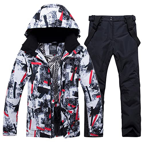 HOTIAN Herren Schneeanzug Herren Ski Jacke und Hosen Set Winter Warme Schnee Skifahren Sätzefür Wandern Klettern Isoliertes Snowboarden redwhite+black XL