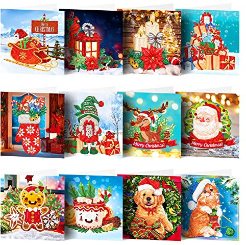 Starnearby 12 Stücke 5D DIY Diamond Painting Weihnachten Karten,Weihnachtskarten mit Umschlag Diamond Painting Grußkarte Klappkarten Karten Kits